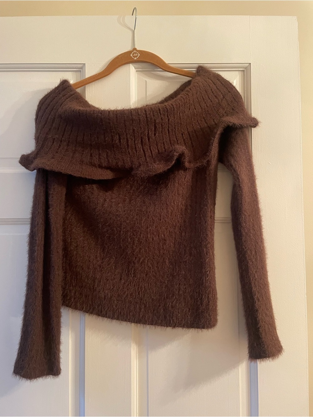 Blue Blush Off-the-Shoulder Brown Ruffle Knit Sweater